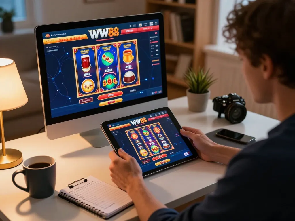 Engaging in live WW88 online casino gaming through tablet showcasing colorful slots and poker.