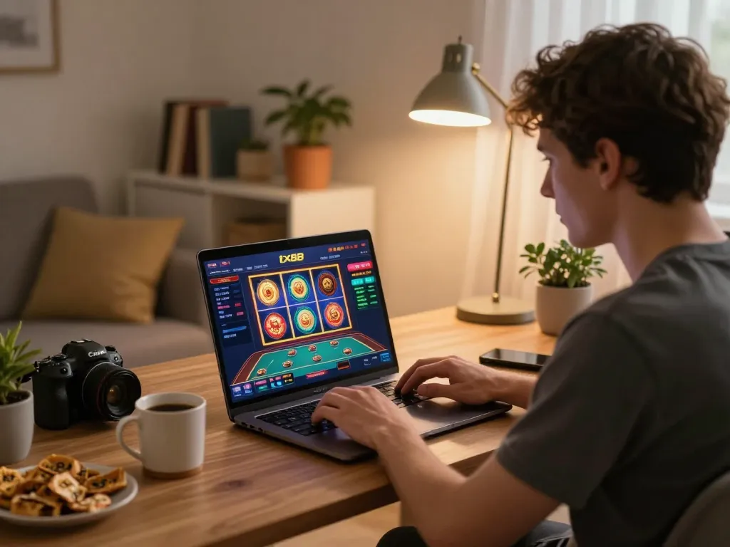 Engaging gameplay at tx88 online casino on a laptop in a cozy home setting, strategic atmosphere.