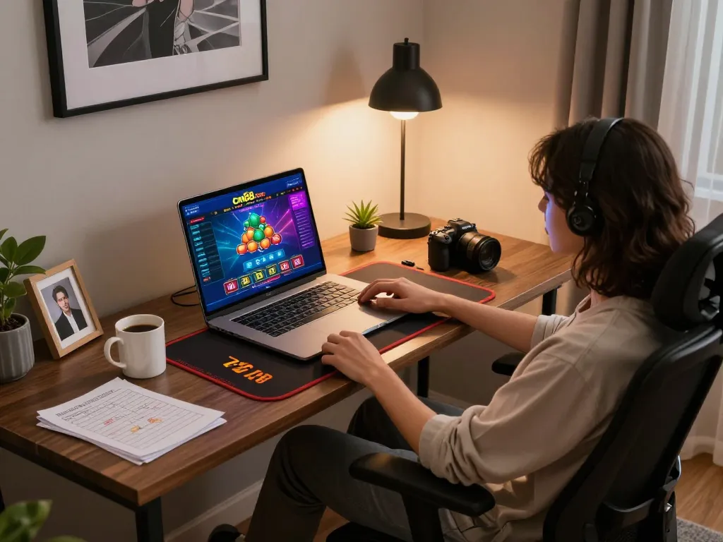 Engaged player strategizing on cm88 com via laptop in a cozy home office.