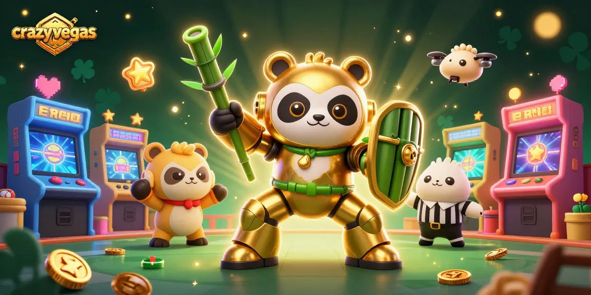 Crazily winning at casino games in vibrant fantasy setting with a golden panda robot and arcade elements.