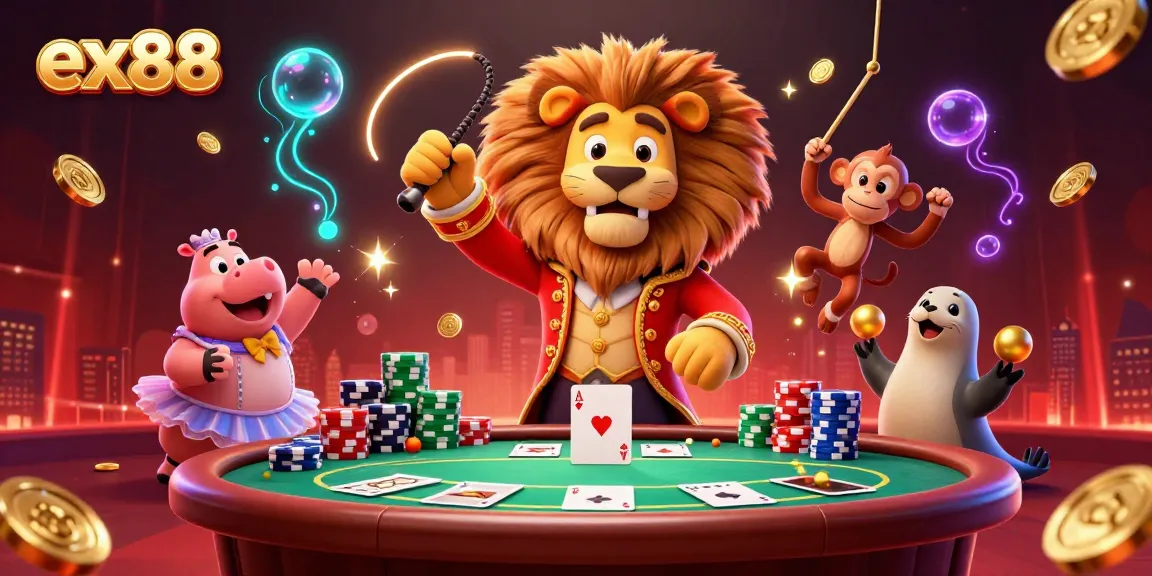 Experience the excitement of ex88 with vibrant casino characters and lively poker elements in this colorful illustration.