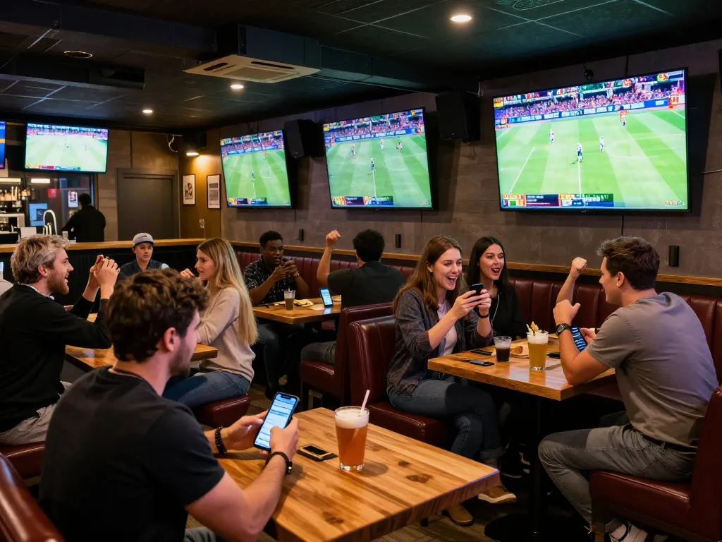 Excited patrons engaging in sports betting while watching games at a vibrant sports bar, featuring ty le keo nha cai actions