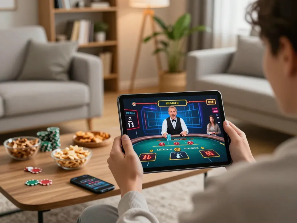 Engaging in online gaming with go8 on tablet, showcasing live dealer action and responsible strategy