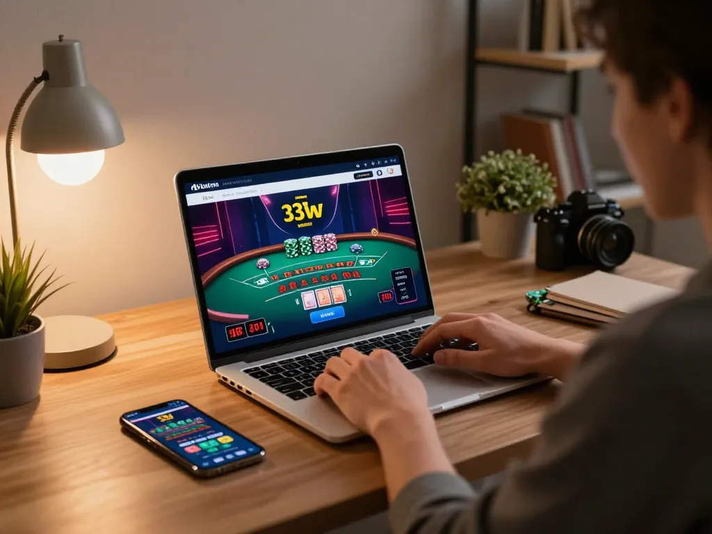 Person engaging in responsible gaming on the 33winn online casino platform, showcasing a vibrant live dealer blackjack game.