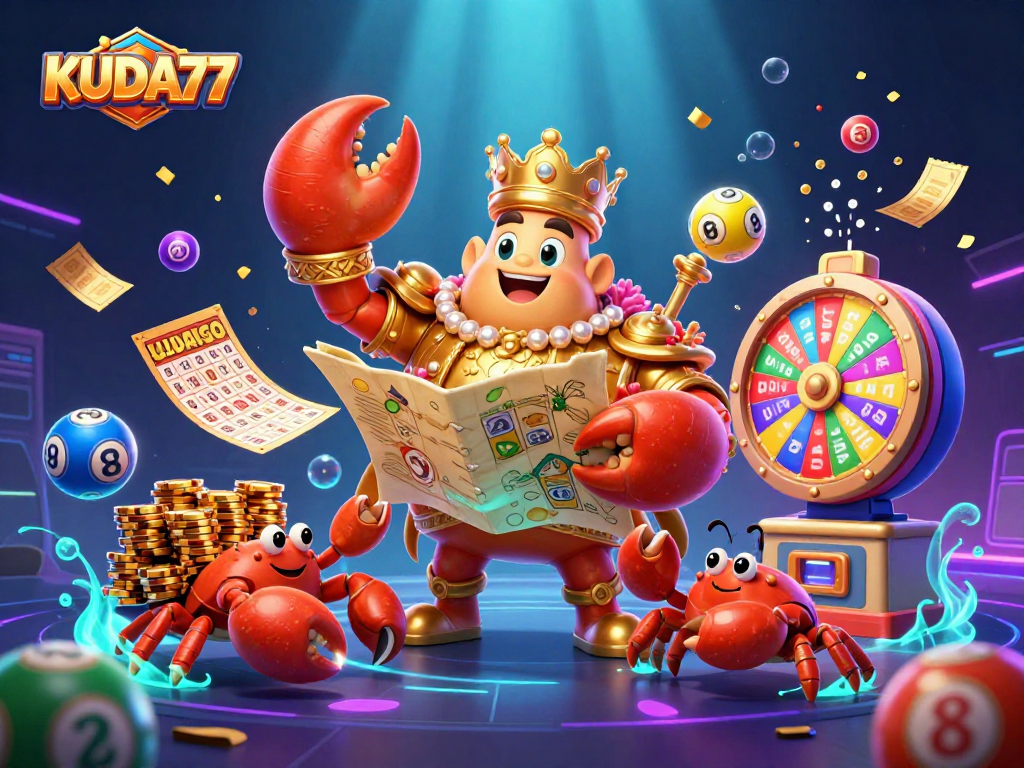 KUDA77 menang dalam promosi kasino dengan koin emas, bola lotere berwarna, dan kebahagiaan pemain.