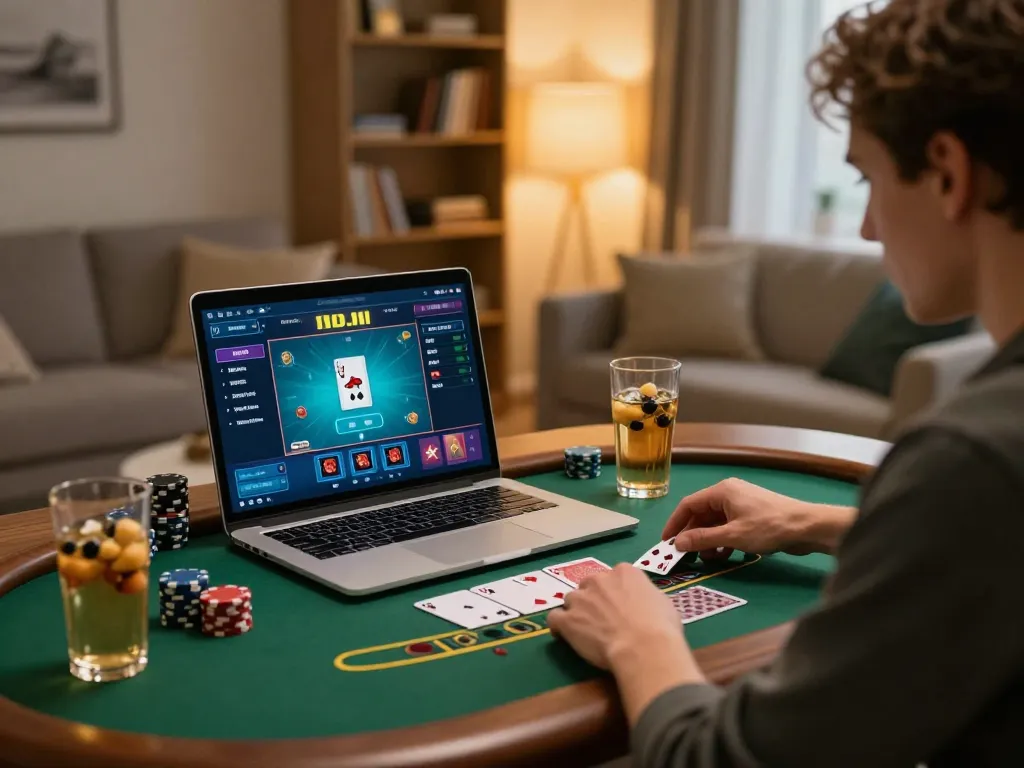 Player enjoying an immersive bcx88 blackjack game at home with strategic focus and comfortable ambiance.