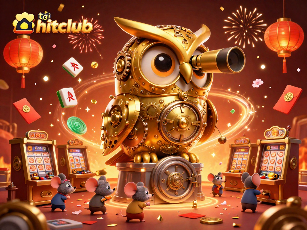Spin slots with tải hitclub amidst a vibrant 3D casino illustration featuring whimsical characters.