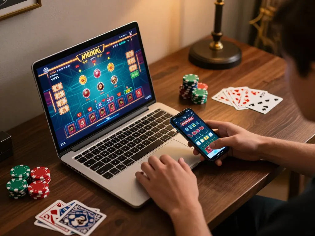 Engaged player using kp88 online platform for casino game strategies on a laptop.