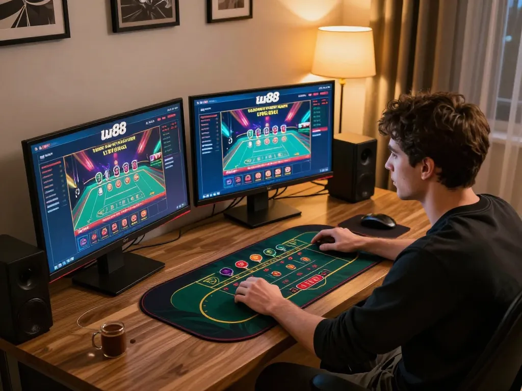 Player strategizing on uu88's live casino platform on multiple screens in a cozy home game setup