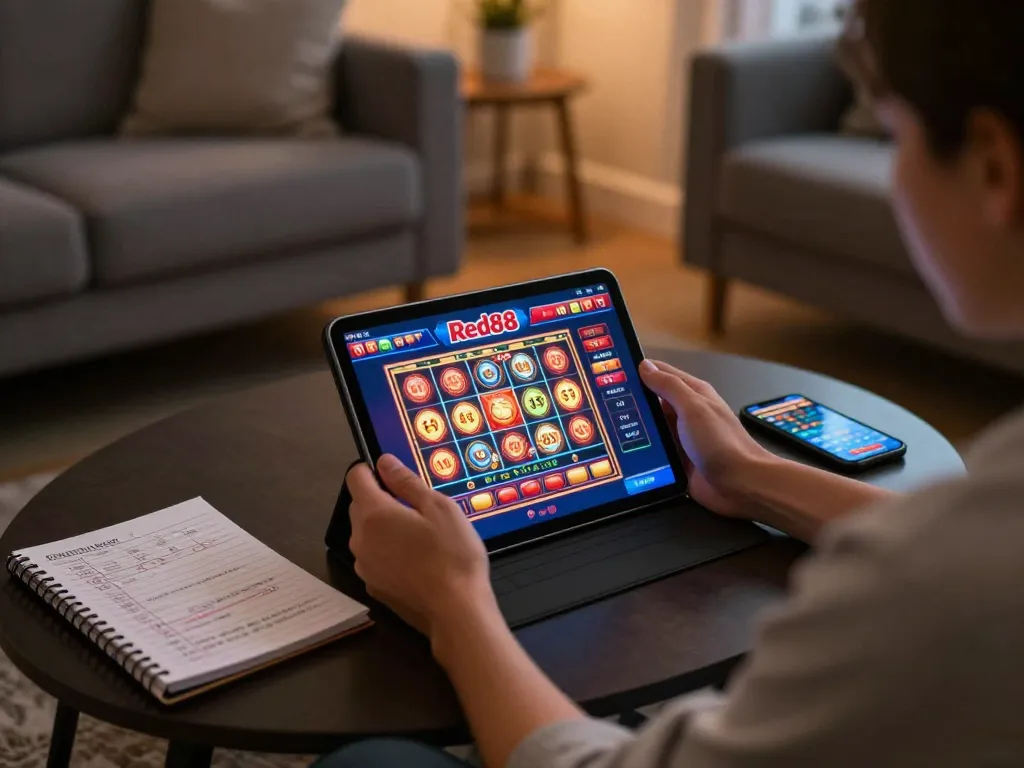 Play exciting slot games on Red88 interface during a cozy online gambling session at home.