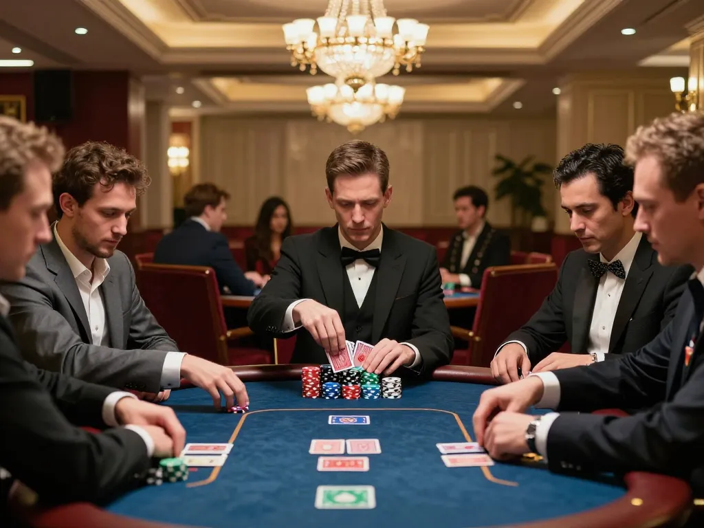 DH88 players strategically betting at an upscale poker table with intense focus and luxurious decor