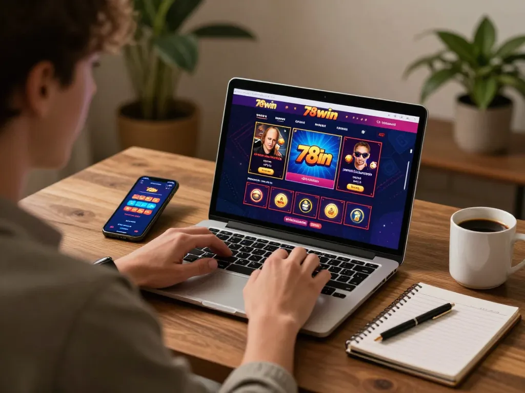 Experience exciting gameplay at 78win using a sleek laptop to place bets online.