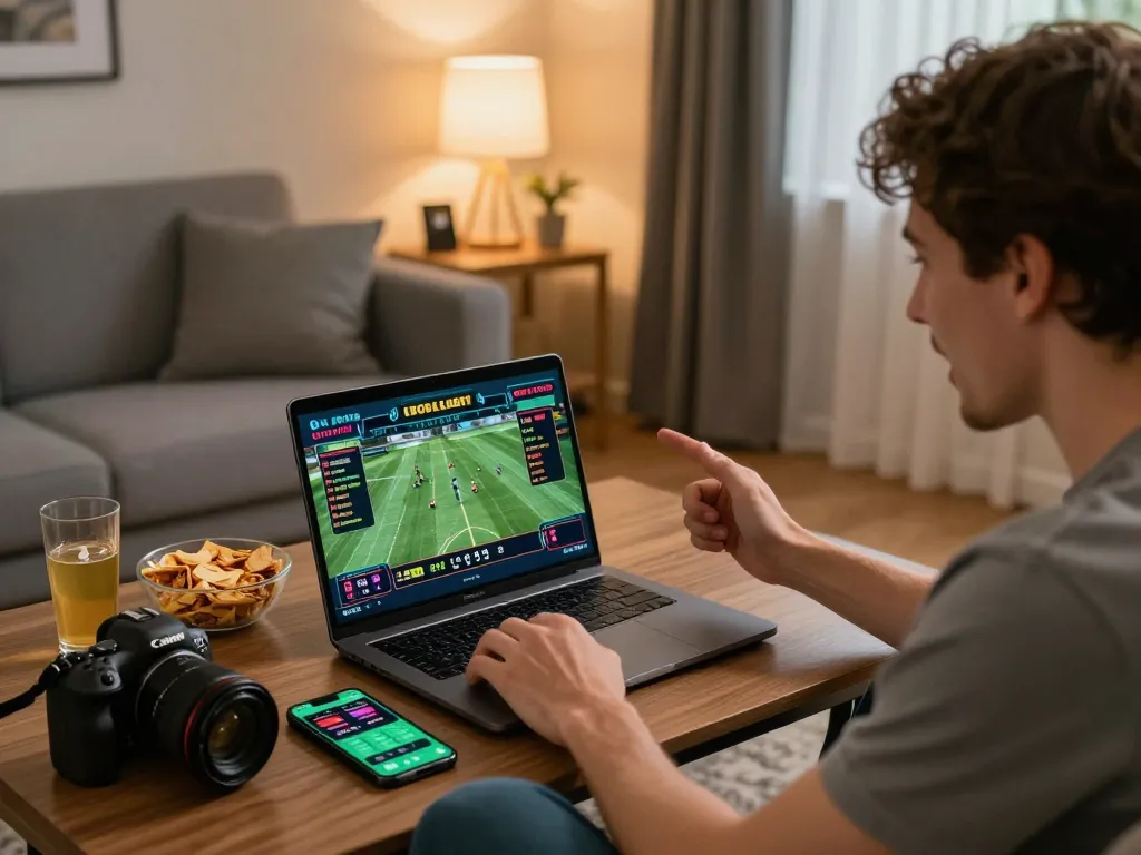 Engaging in online sports betting at home via fabet88.co.com, displaying live odds and excitement.