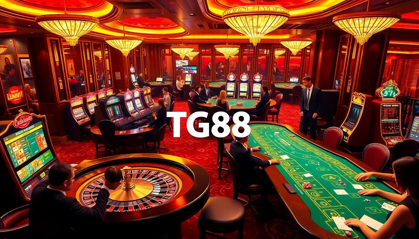 Players engaging in high-stakes gaming at a luxurious casino featuring TG88 themes.