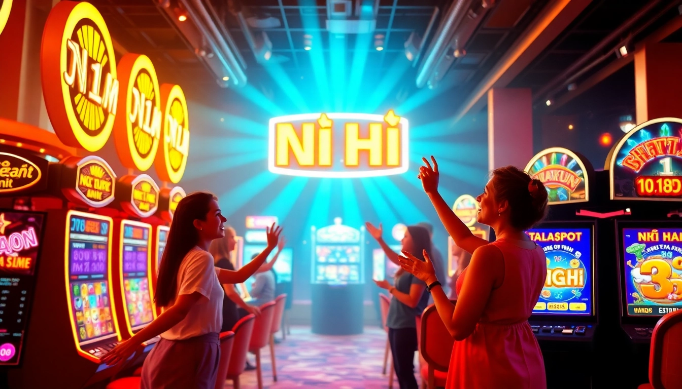 Nổ Hũ game excitement in a lively online casino atmosphere with vibrant slot machines and enthusiastic players.