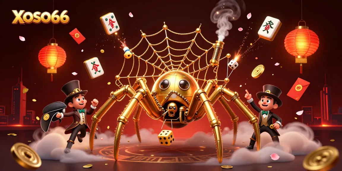 XOSO66 showcases a steampunk spider catching dice in an elaborate web of chains, capturing the excitement of gambling.