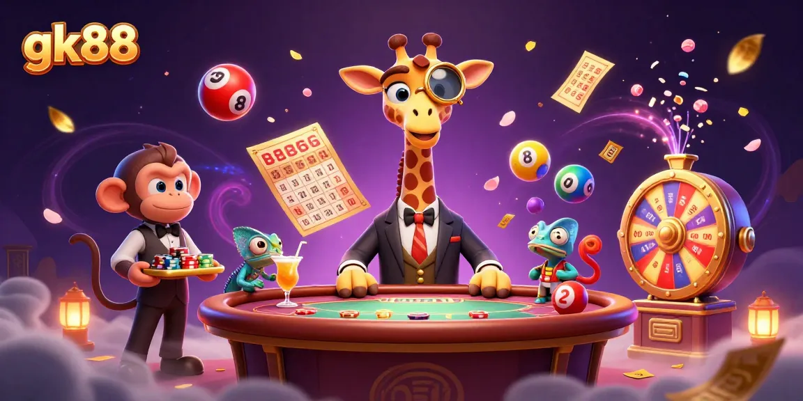 Engage in thrilling gameplay at gk88 with vibrant lottery elements and a high-roller giraffe.