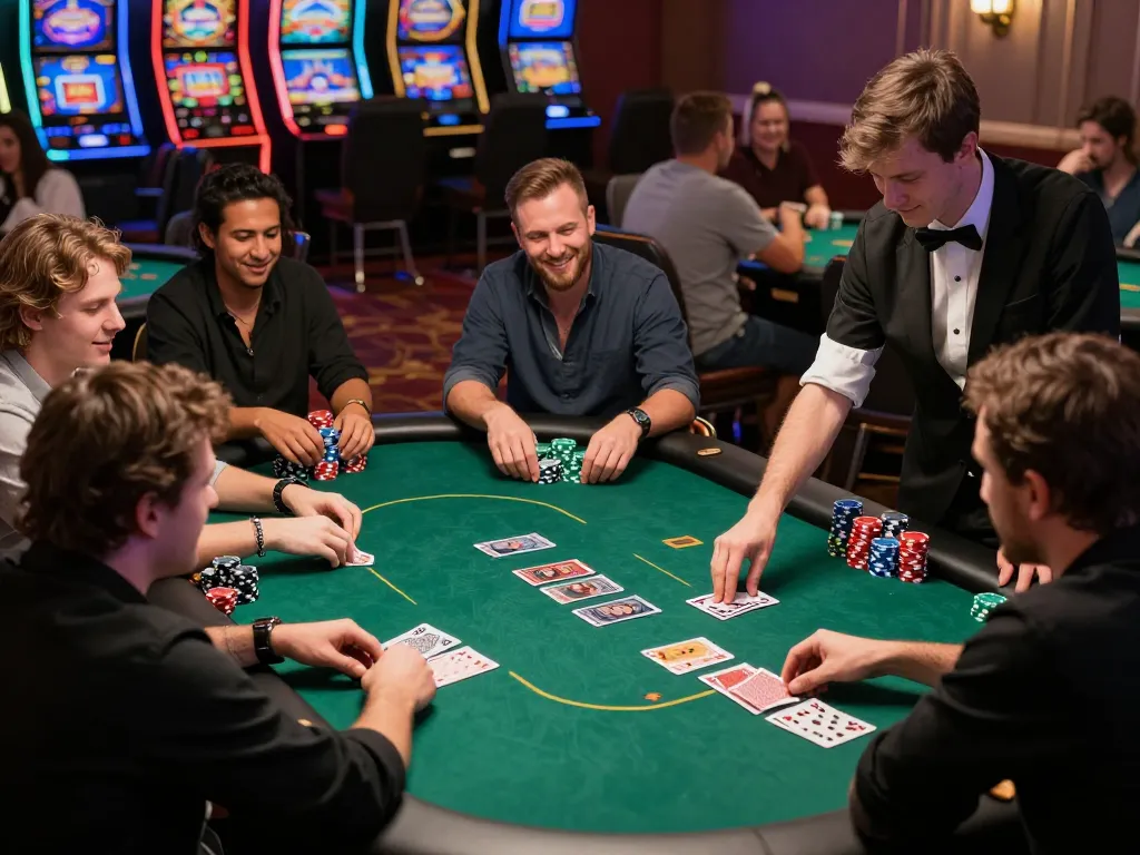 Players engage in an intense poker game at vin88 casino, surrounded by vibrant atmosphere and stacked chips.
