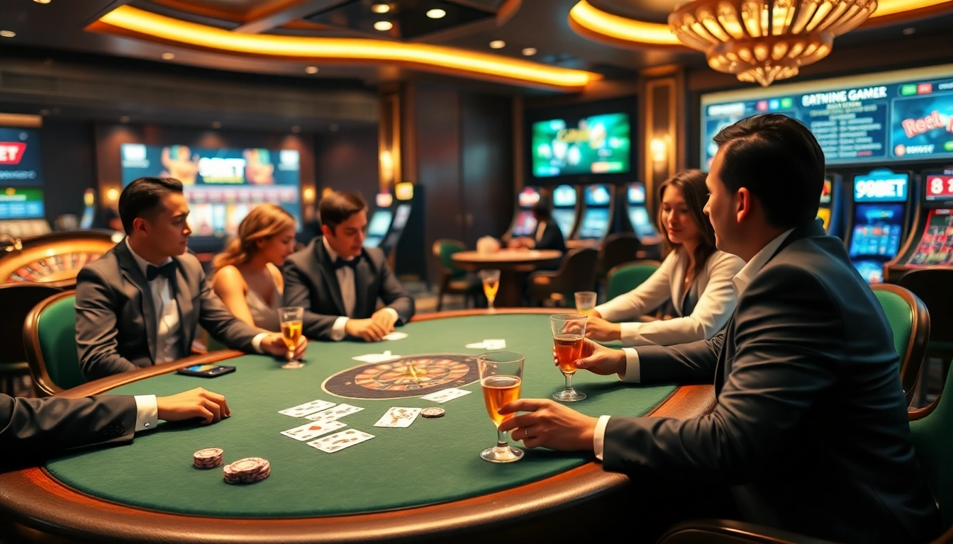 89BET poker table with players and vibrant casino ambiance highlighting exciting gambling opportunities.