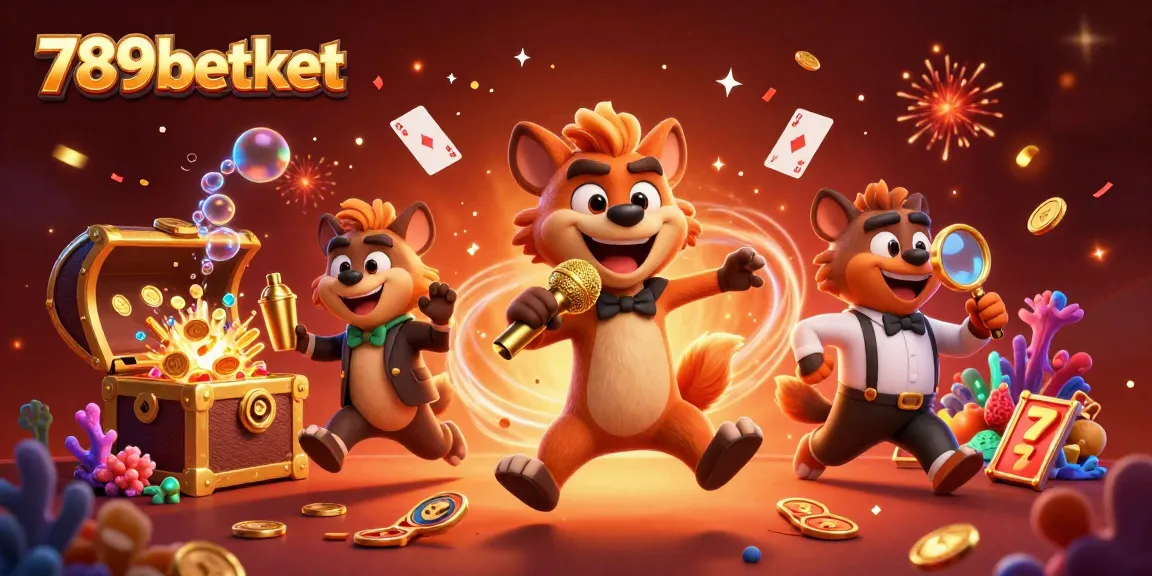 Experience the fun at 789betket's casino with hyenas in a comedy club, surrounded by vibrant gaming elements.