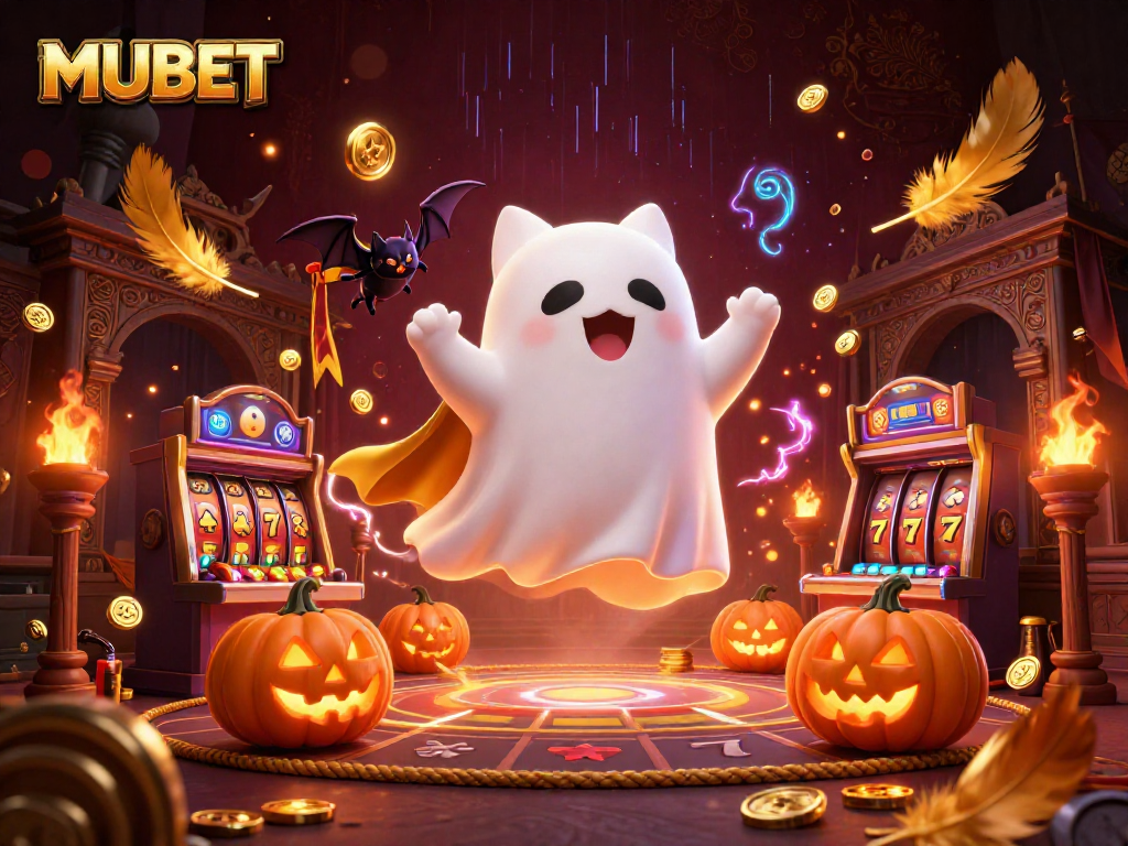 MUBET showcases an enchanting haunted casino scene with a ghostly cat, bat, and poker-faced jack-o-lanterns.
