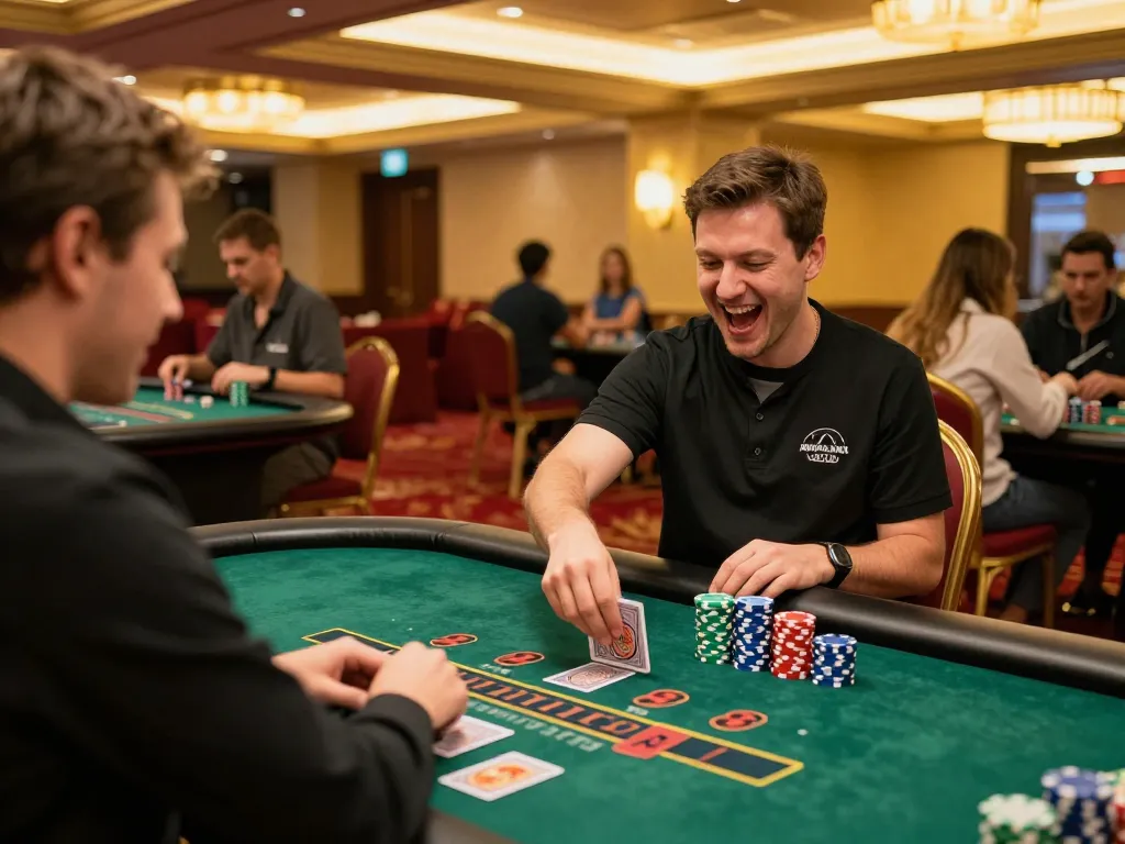 lu88 player celebrating a win at a blackjack table in a luxurious casino setting