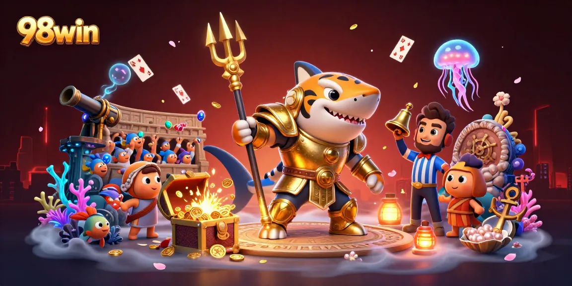 98win captures the thrill of underwater gaming with vibrant cartoon action in a casino setting.