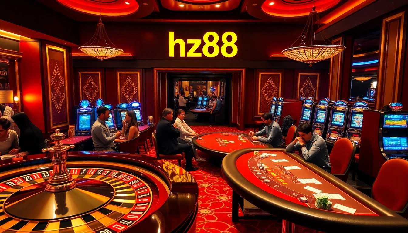 Players enjoying a thrilling casino experience at HZ88 with poker chips and slot machines.