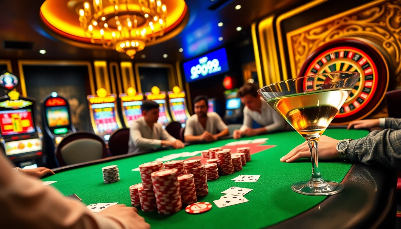 Engaged players enjoying a go99 poker game in a luxurious casino setting.