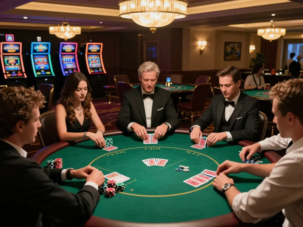 Players engaging in strategic poker gameplay in an upscale casino with mb66 bets on the table.