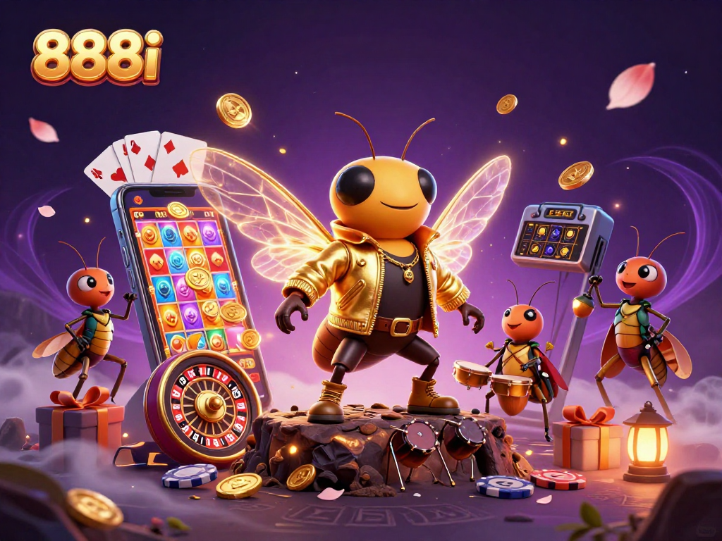 Unleash fun at 888i with a dynamic casino scene featuring a cicada rock star and casino elements.