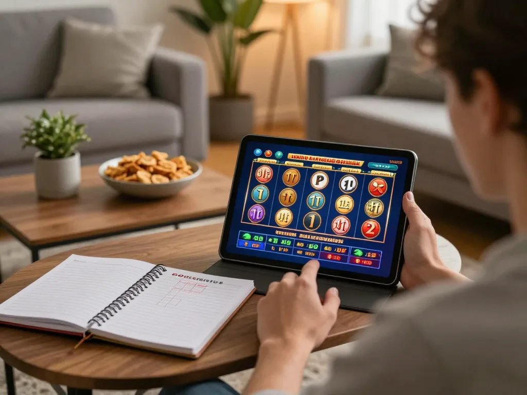Player enjoying online casino games on tablet at home, highlighting 78win's interactive gaming experience.