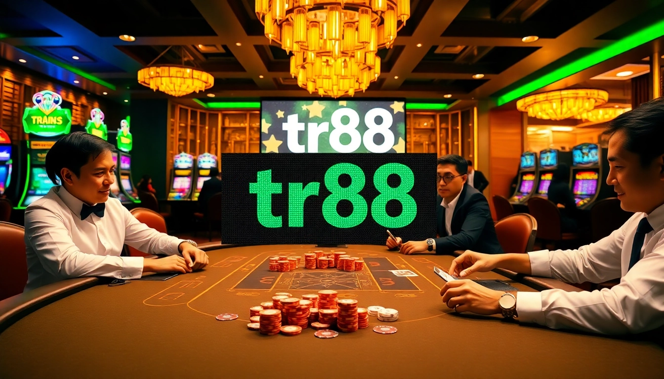 Experience the thrill of gaming at TR88's luxurious casino table with engaged players and vibrant poker chips.