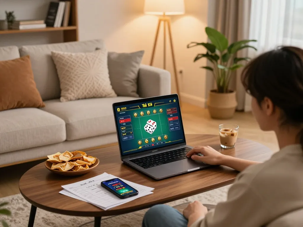 Tài Xỉu online gaming session at home featuring a player engaging with live interface on a laptop amidst a comfortable setting.