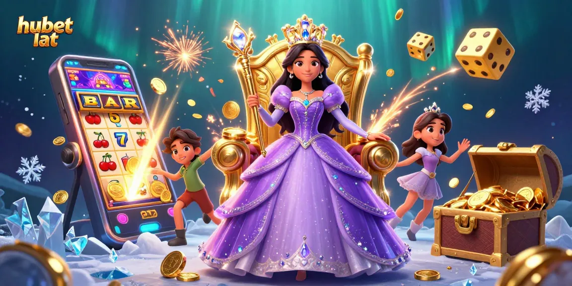 Experience excitement with hubet lat at a vibrant virtual casino, featuring a regal princess amidst slot games and treasure.