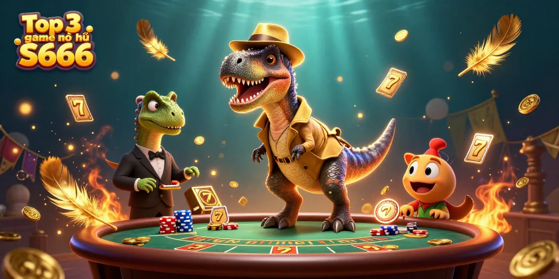 Experience the excitement of Top 3 game nổ hũ S666 with a dynamic scene of playful characters immersed in slots action.