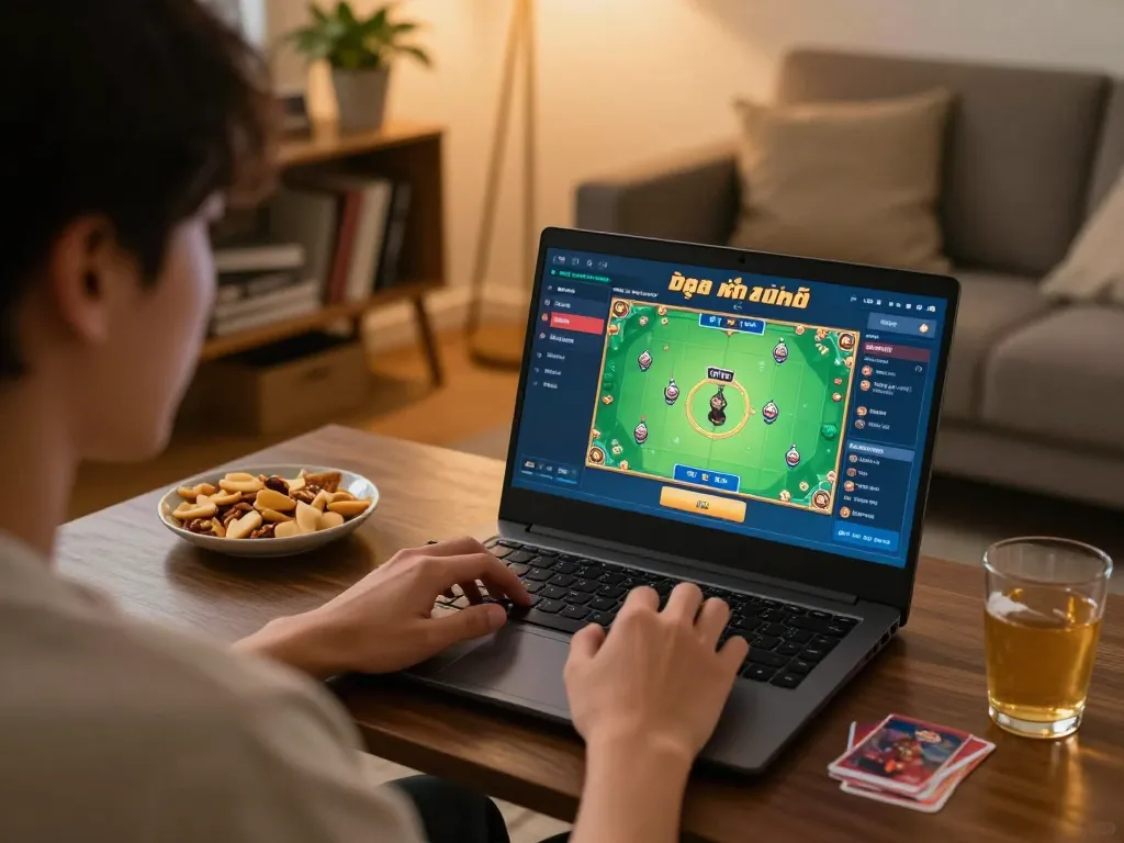 Engaged player enjoying game đánh bài đổi thưởng on laptop in cozy home setting.