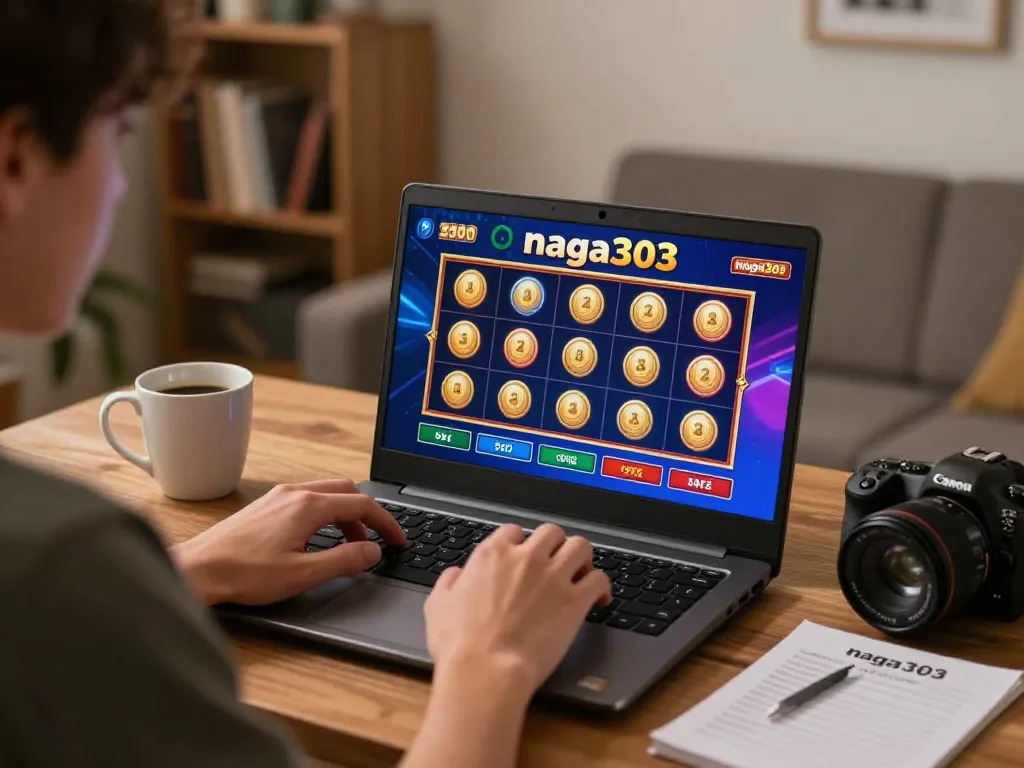 Engaging in naga303 slot online gameplay from a cozy home office with warm lighting.