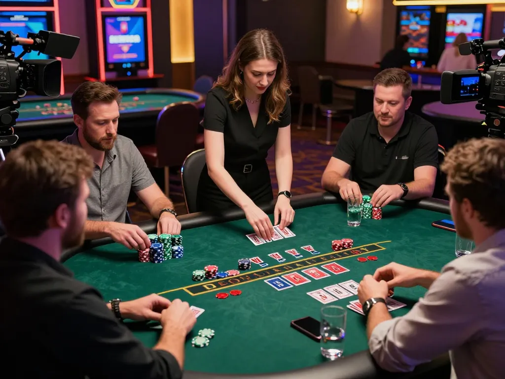 Players engaged in a live dealer blackjack game at NK88, showcasing strategy and excitement in a vibrant casino atmosphere.