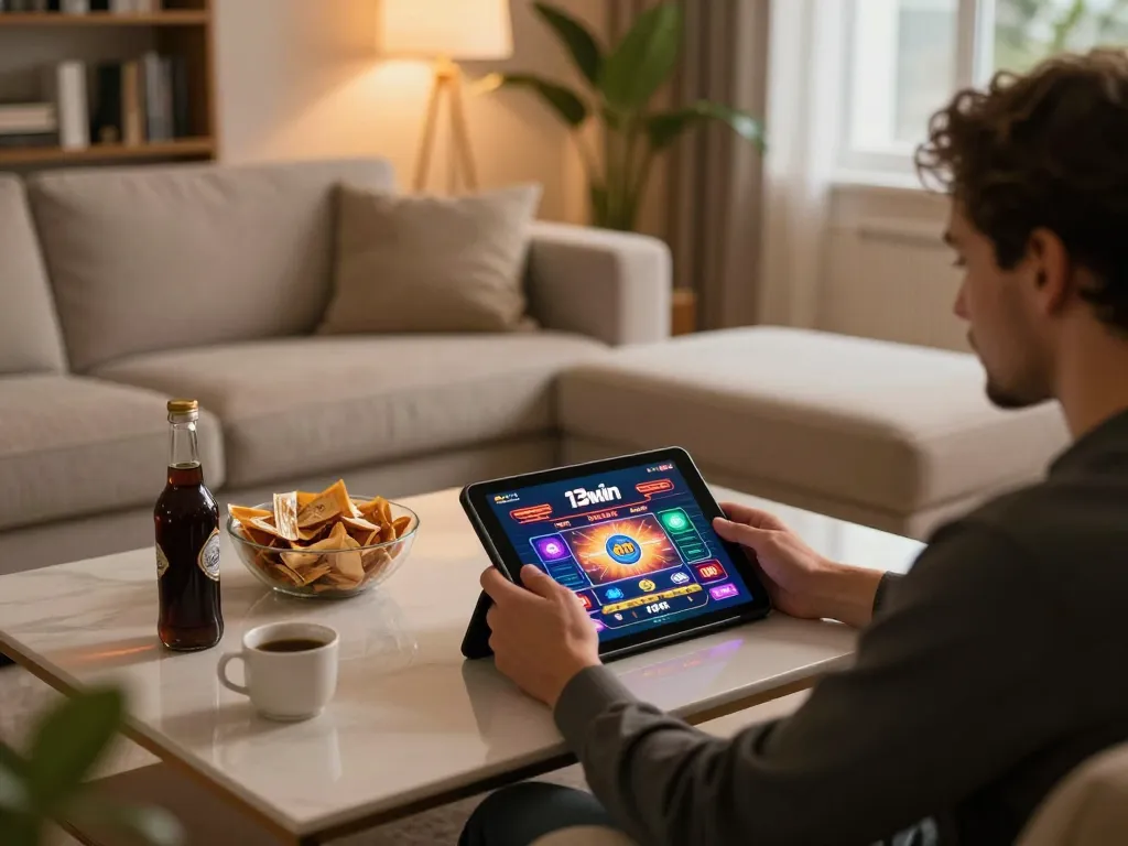 Engaging gameplay on 13win mobile app in a cozy home setting, highlighting modern casino experience