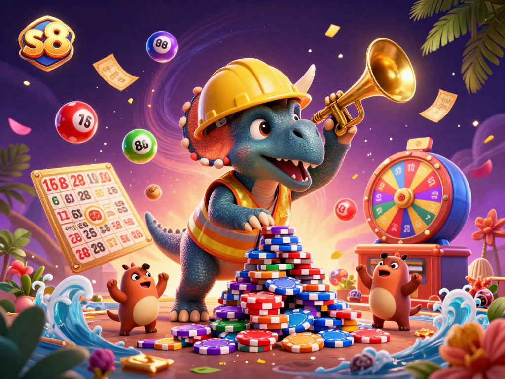 Join the fun with s8 as a triceratops stacks poker chips amidst lottery balls and golden tickets.