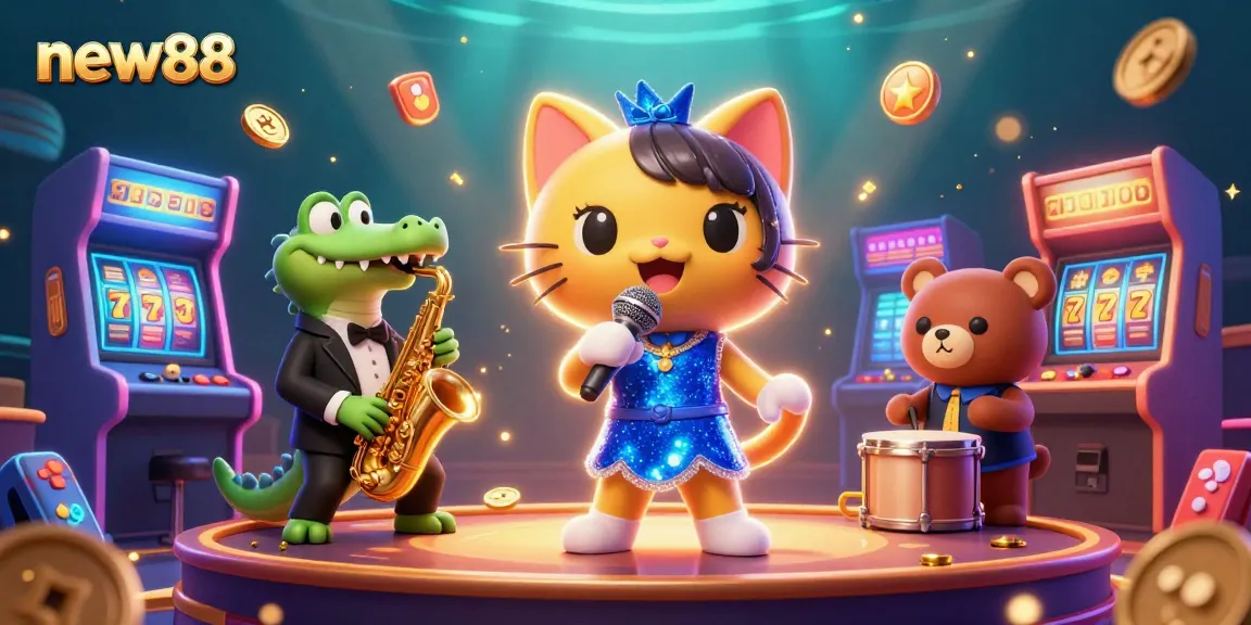 Engage with new88's vibrant casino scene featuring lively characters and slot games.