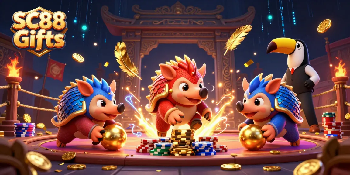 Engage in thrilling gaming with SC88 Gifts as pangolins roll golden balls and leap over poker chips.