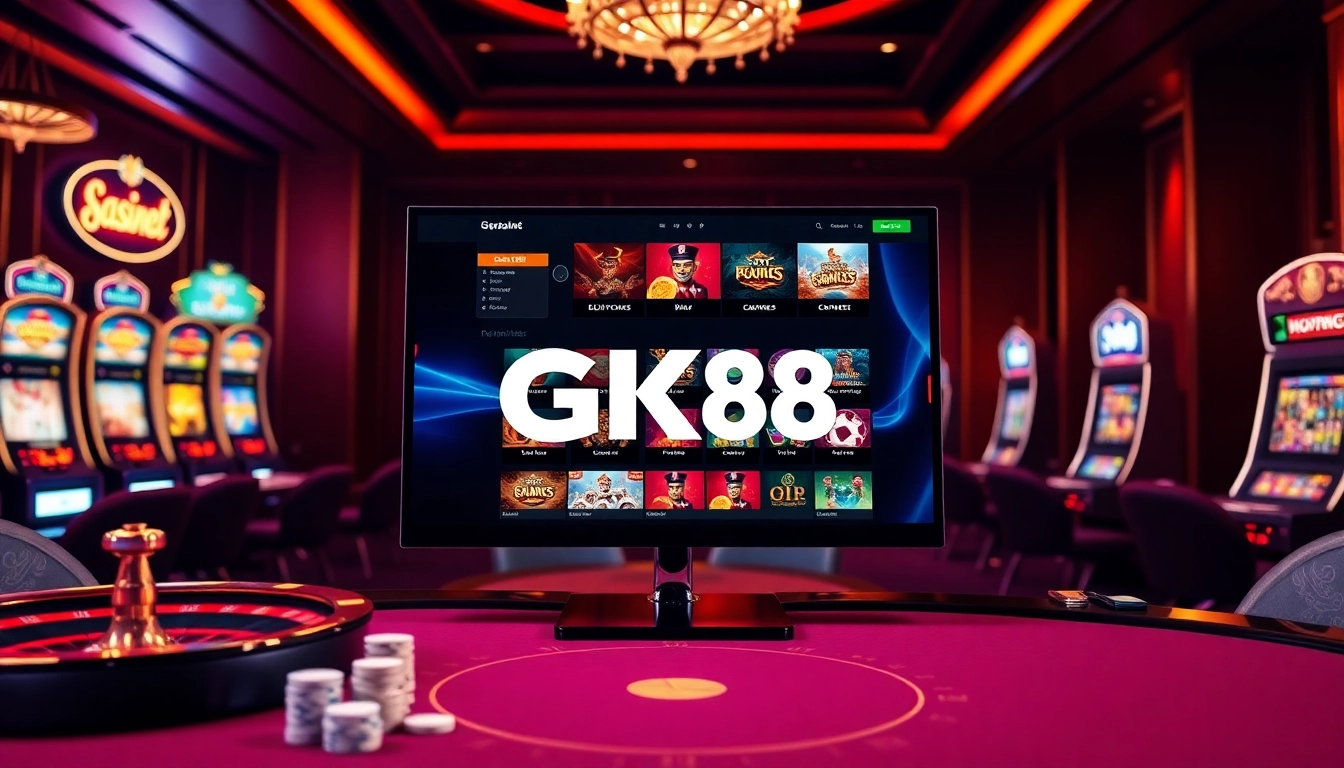 Exciting GK88 online casino environment showcasing vibrant games, roulette, and poker chips.