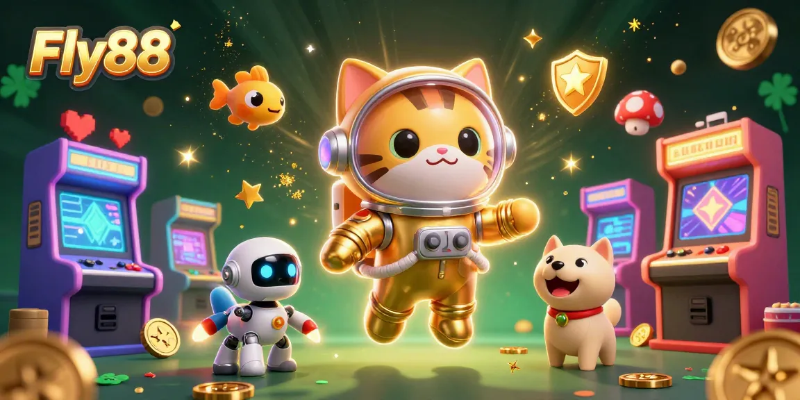Experience the excitement of Fly88 with our vibrant 3D casino illustration featuring a playful astronaut cat and robot dog.