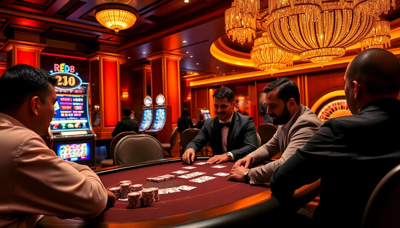 Engage in high-stakes poker at RED88's vibrant casino, featuring colorful slot machines.