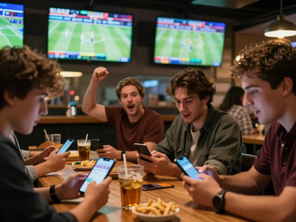 Experience high-energy sports betting with sv66 at a lively sports bar, friends cheering together.
