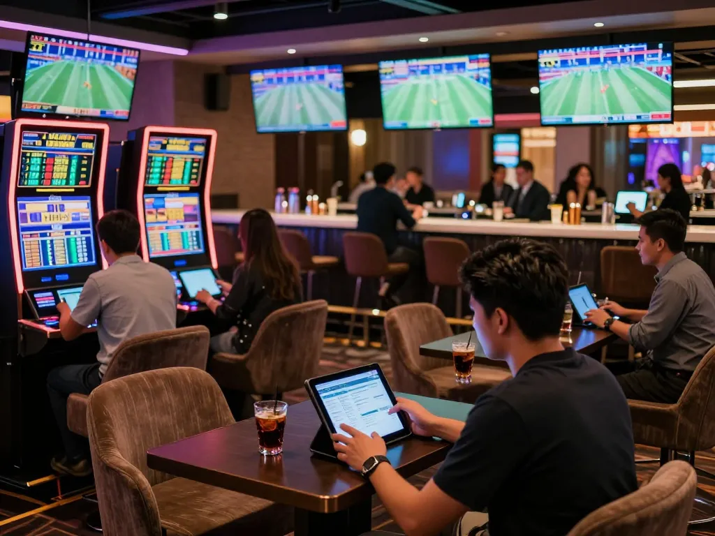 Sunwin offers an exciting sports betting experience with bettors engaged and screens displaying live odds.