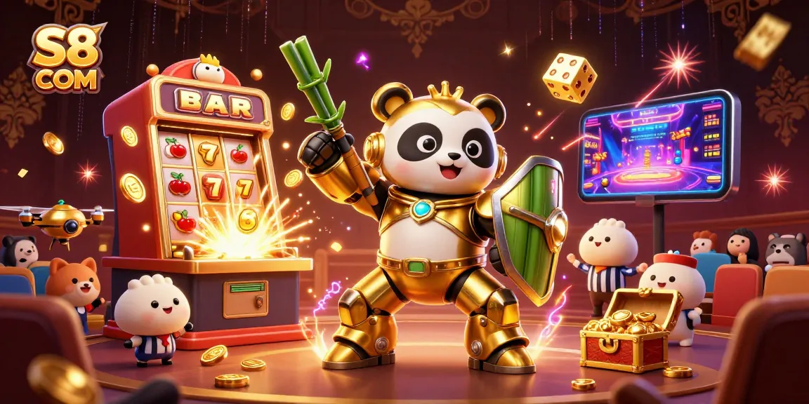 S8 COM showcases a vibrant online casino experience with a circus-themed 3D illustration packed with action.