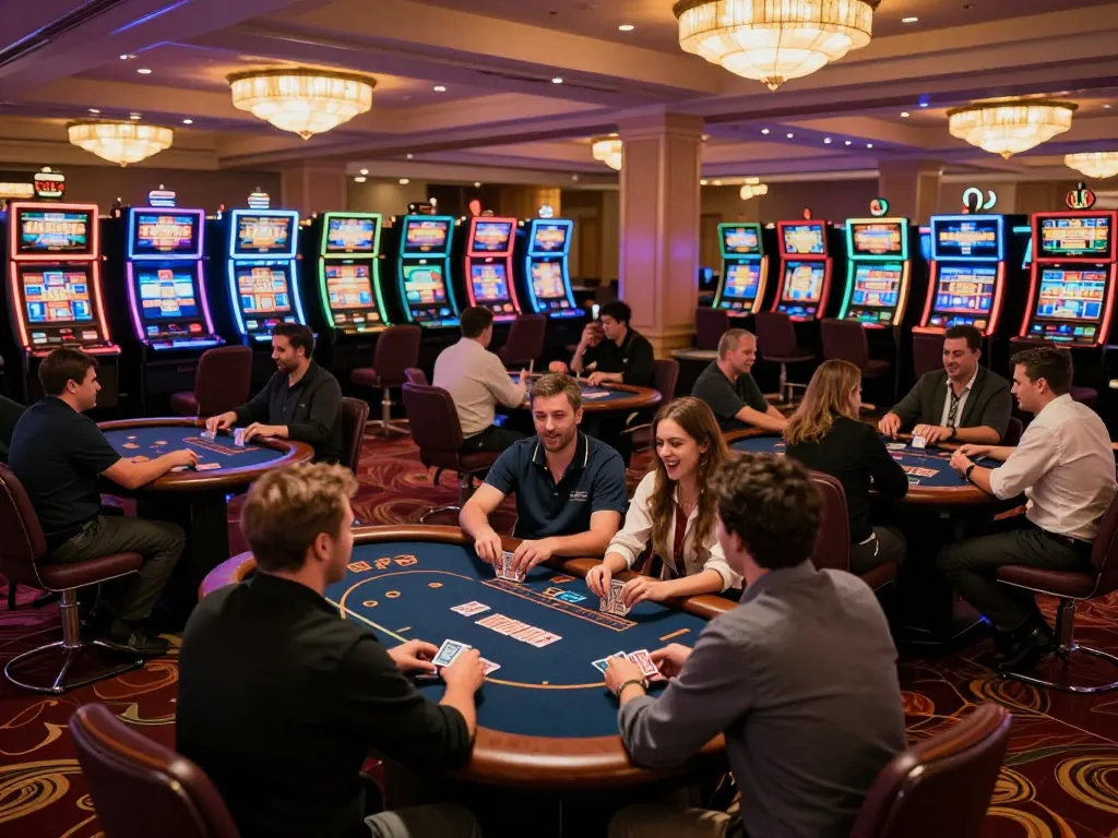 Players enjoy an exciting round at da88 poker tables on a bustling casino floor.